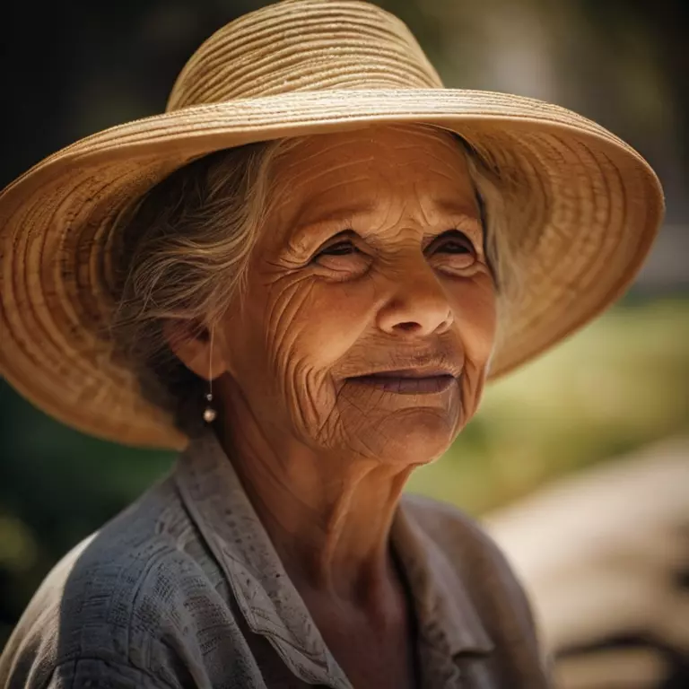 Mujer mayor con un sombrero en una ciudad